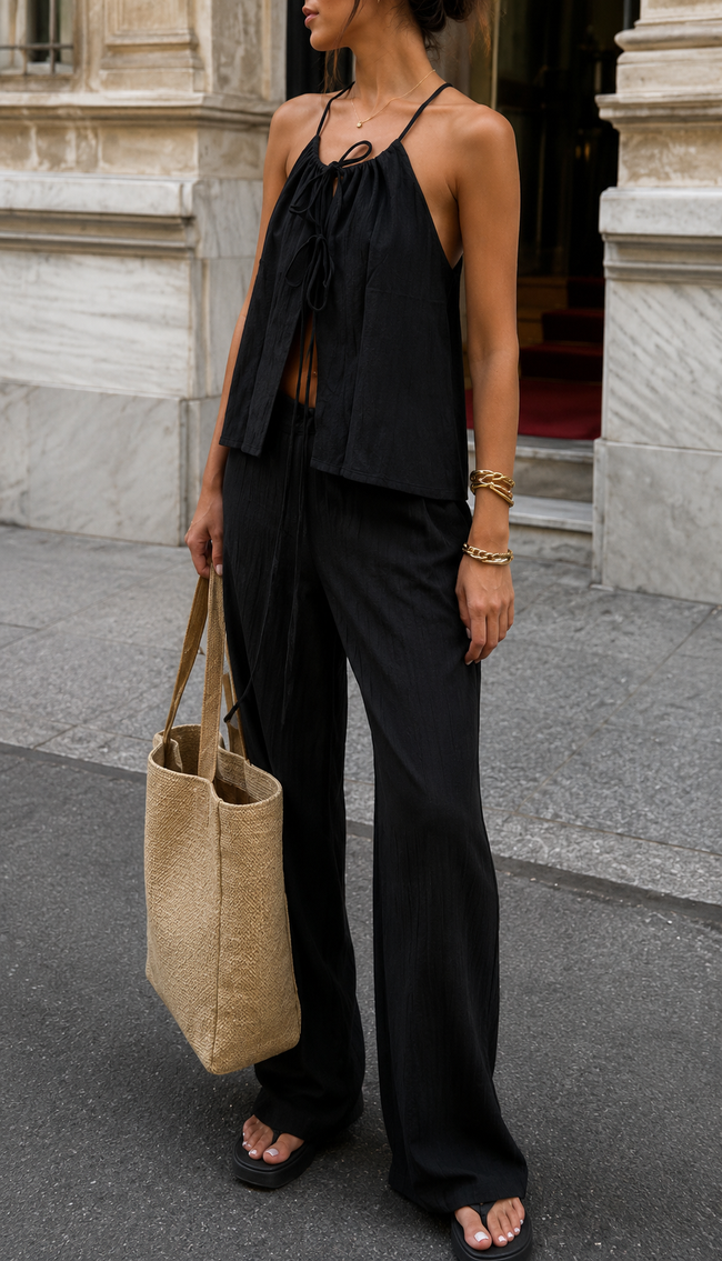 Slow Morning Tie Front Cami & Wide Leg Pants Set