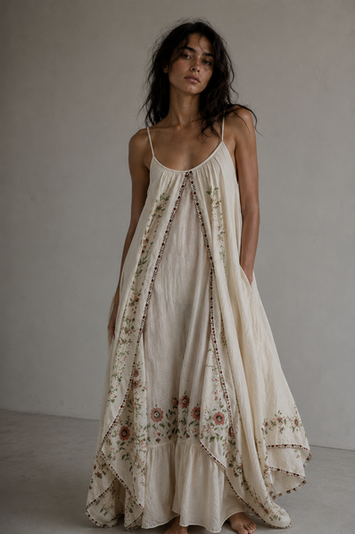Floral Embroidered Handkerchief Maxi Dress