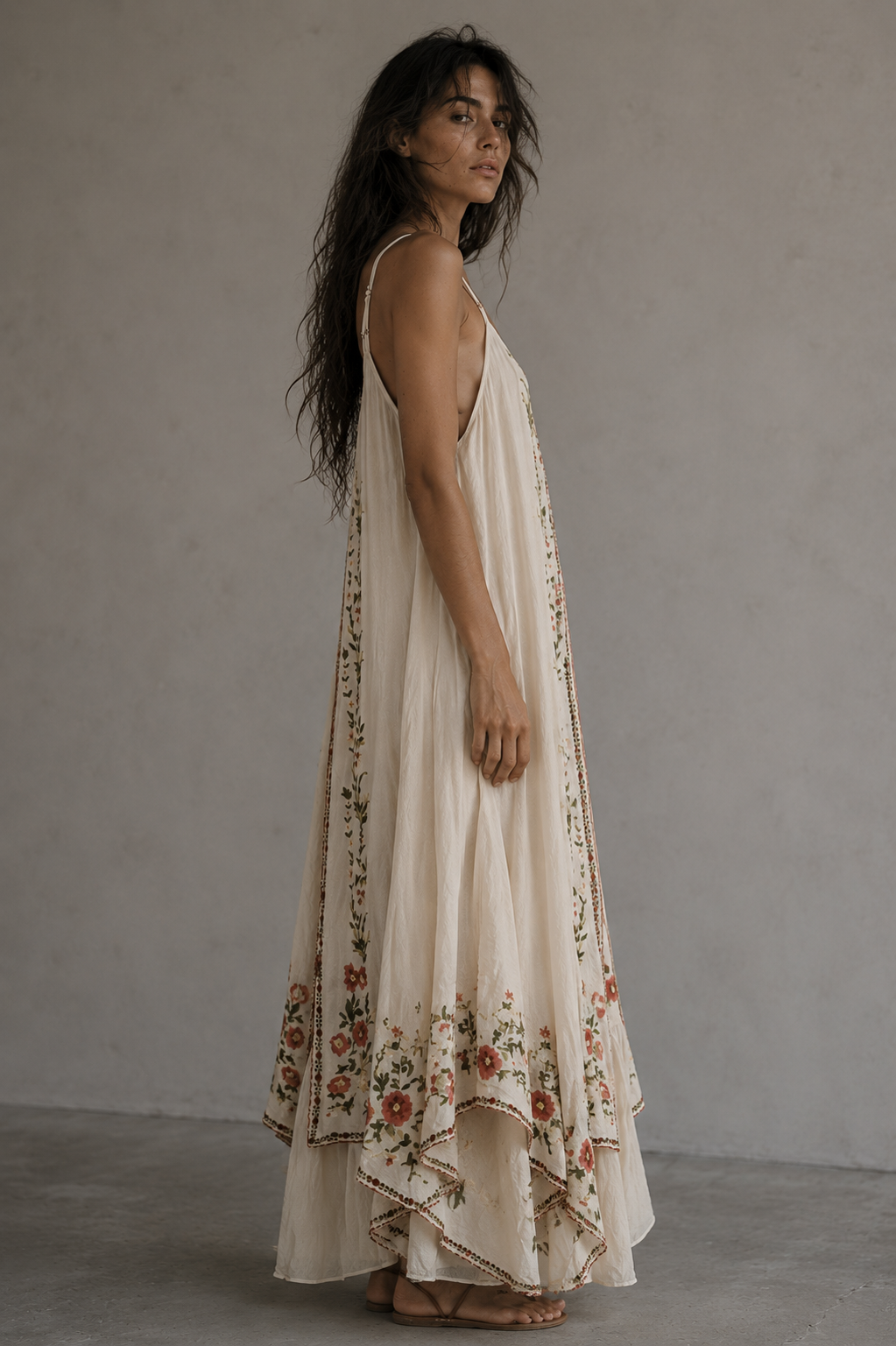 Floral Embroidered Handkerchief Maxi Dress