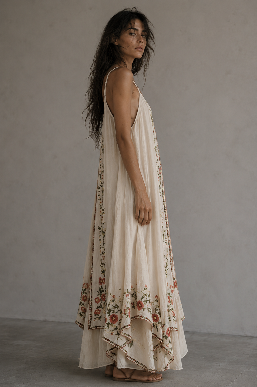 Floral Embroidered Handkerchief Maxi Dress