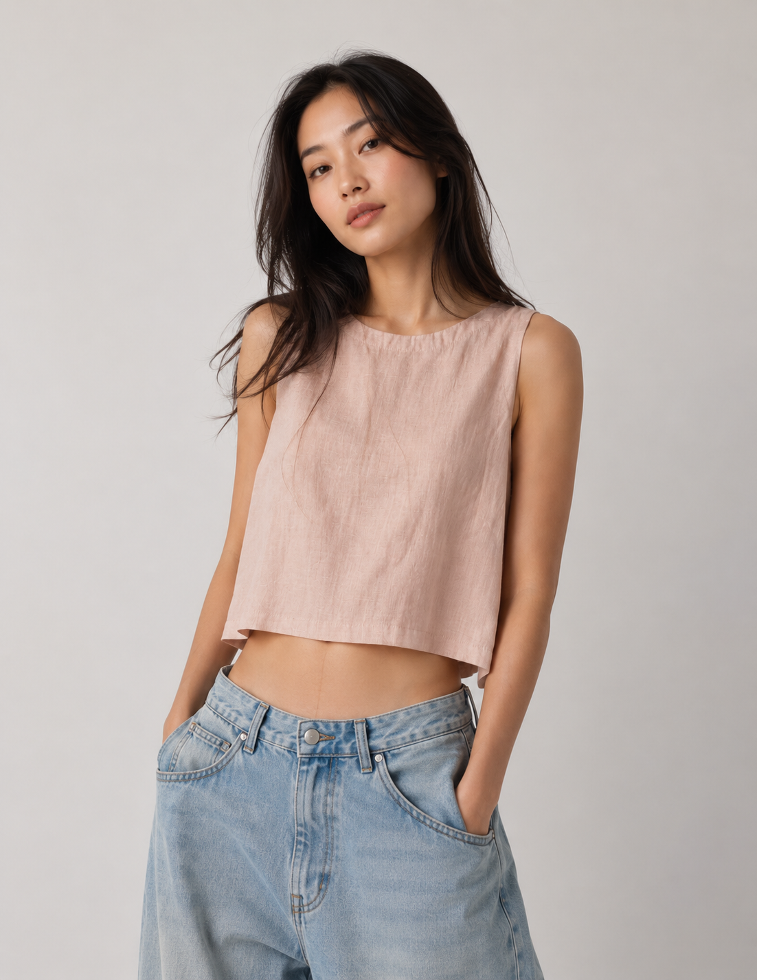 Linen Blend Button Back Crop Top