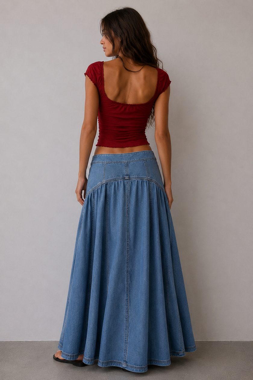 Lace Up Low Waist Denim Maxi Skirt