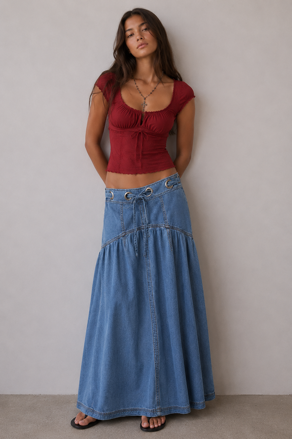 Lace Up Low Waist Denim Maxi Skirt