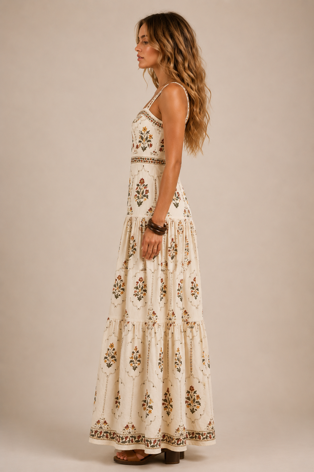 Floral Block Print Tiered Maxi Dress