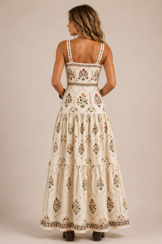 Floral Block Print Tiered Maxi Dress