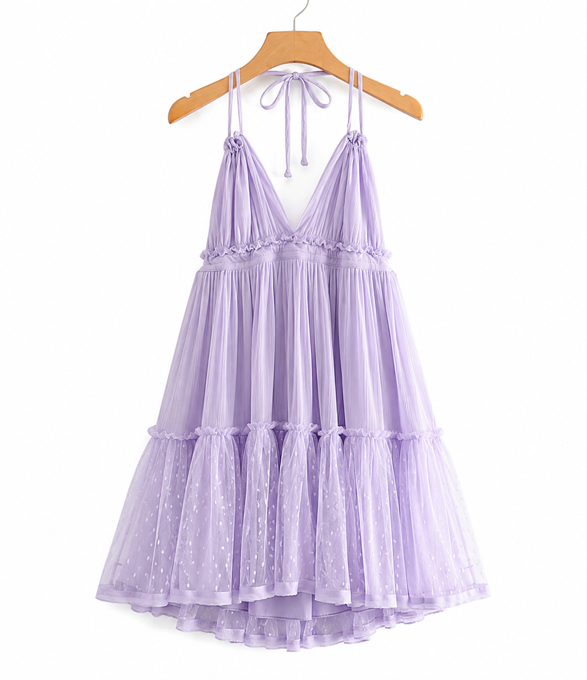 Swiss Dot Tiered Halter Mini Dress
