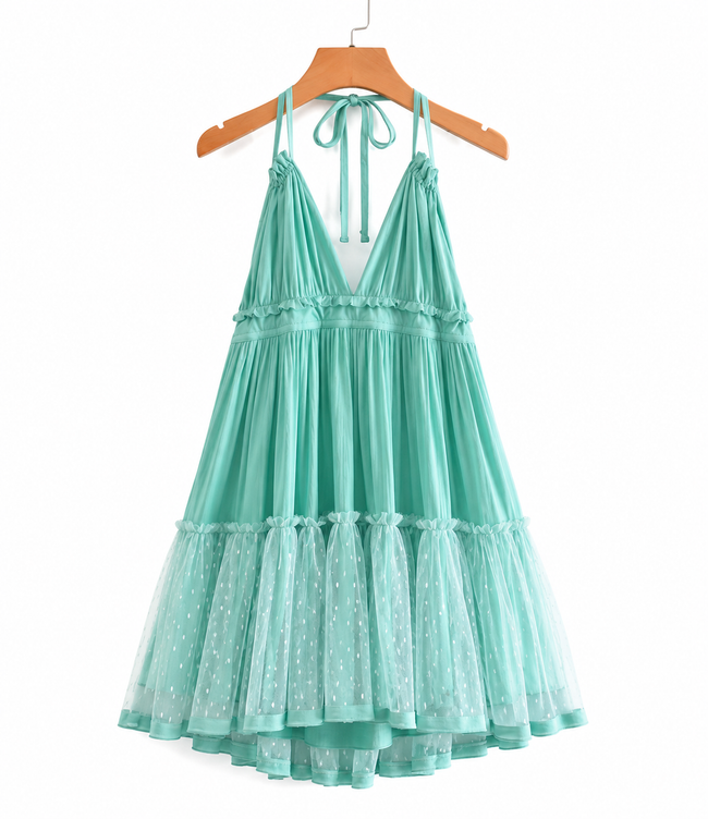 Swiss Dot Tiered Halter Mini Dress