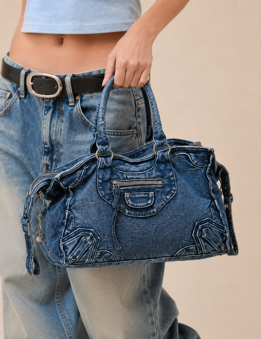 The Washed Denim Moto Satchel