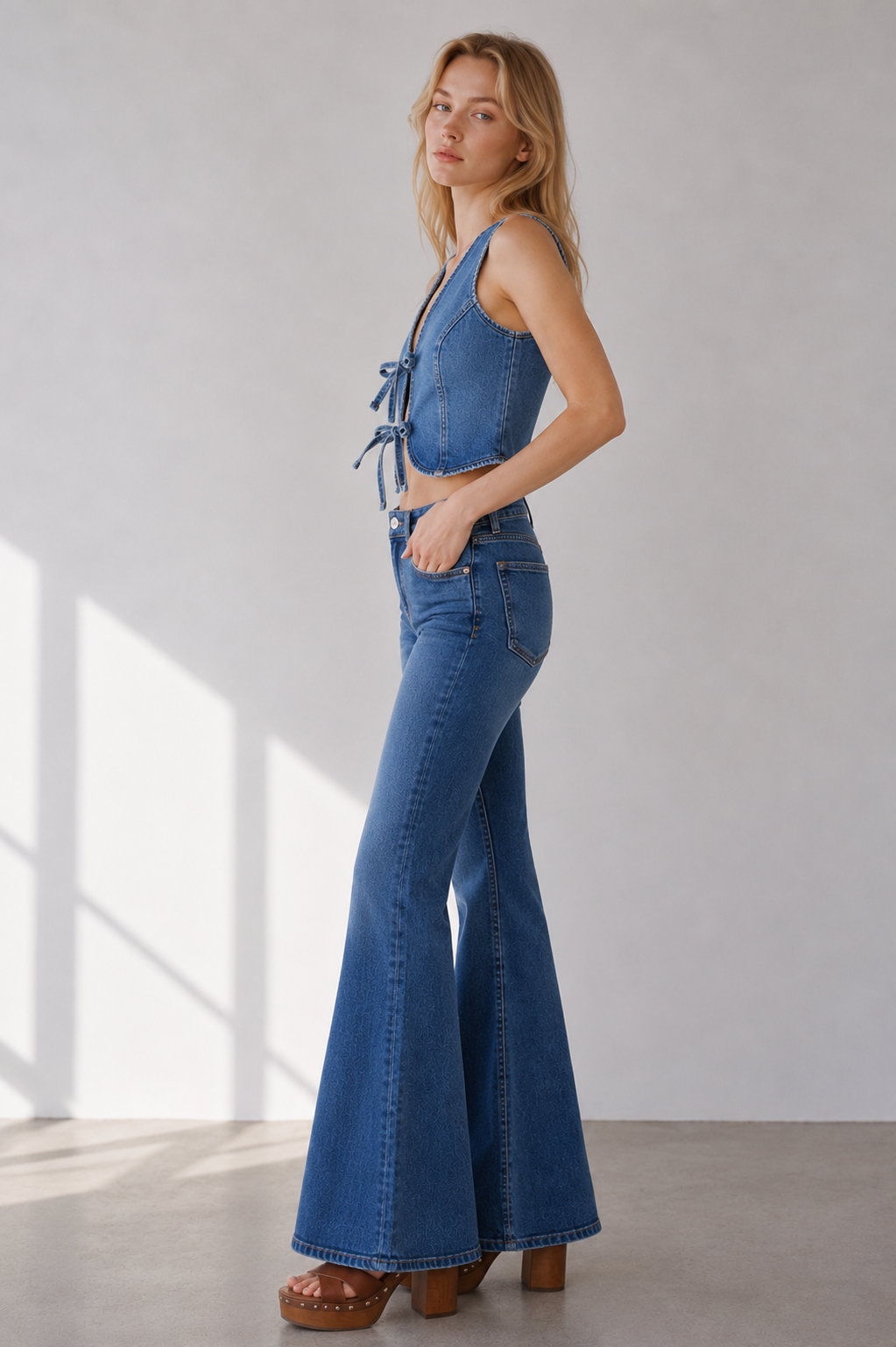 Denim Bow Tie Front Crop Vest
