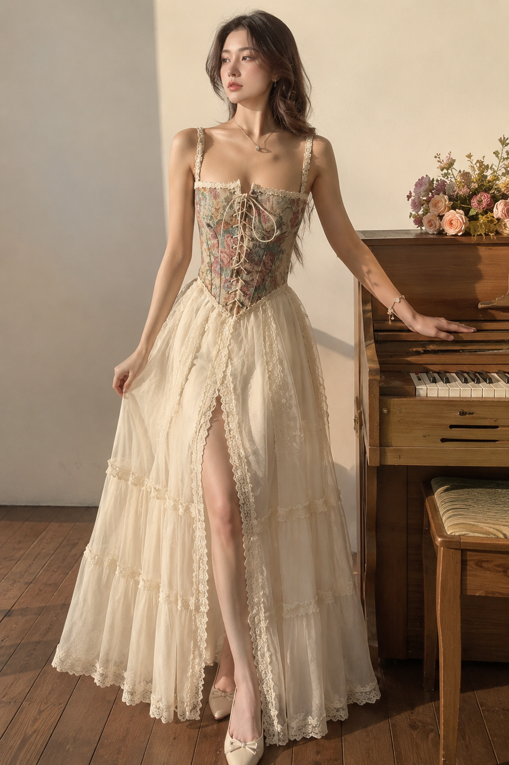 Renaissance Fair Floral Tapestry Lace-Up Corset Top