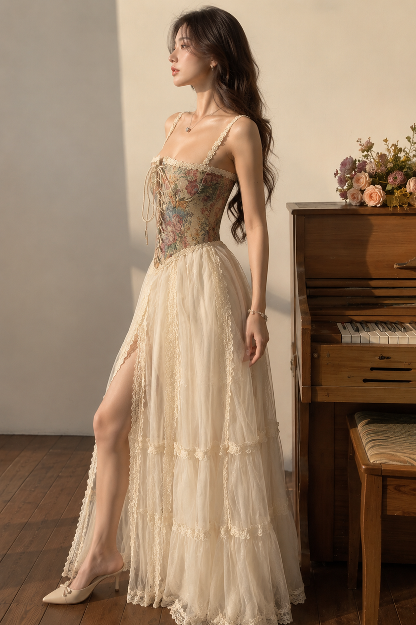 Renaissance Fair Floral Tapestry Lace-Up Corset Top