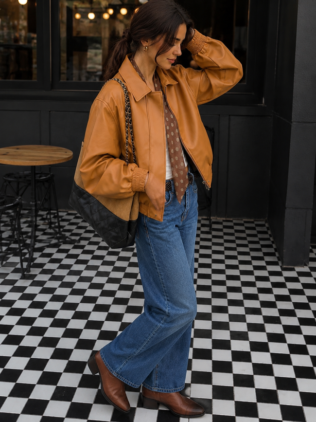 Too Cool For School Cropped Faux Leather Bomber Jacket
