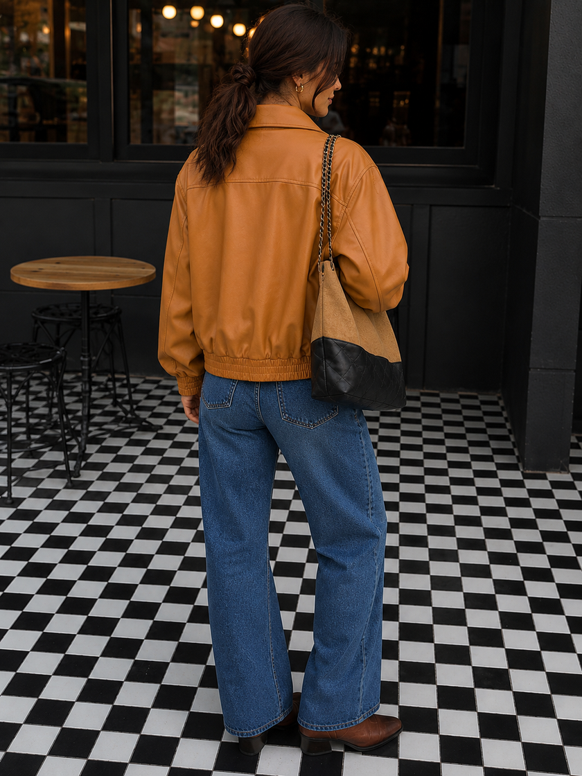 Too Cool For School Cropped Faux Leather Bomber Jacket