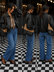 Too Cool For School Cropped Faux Leather Bomber Jacket
