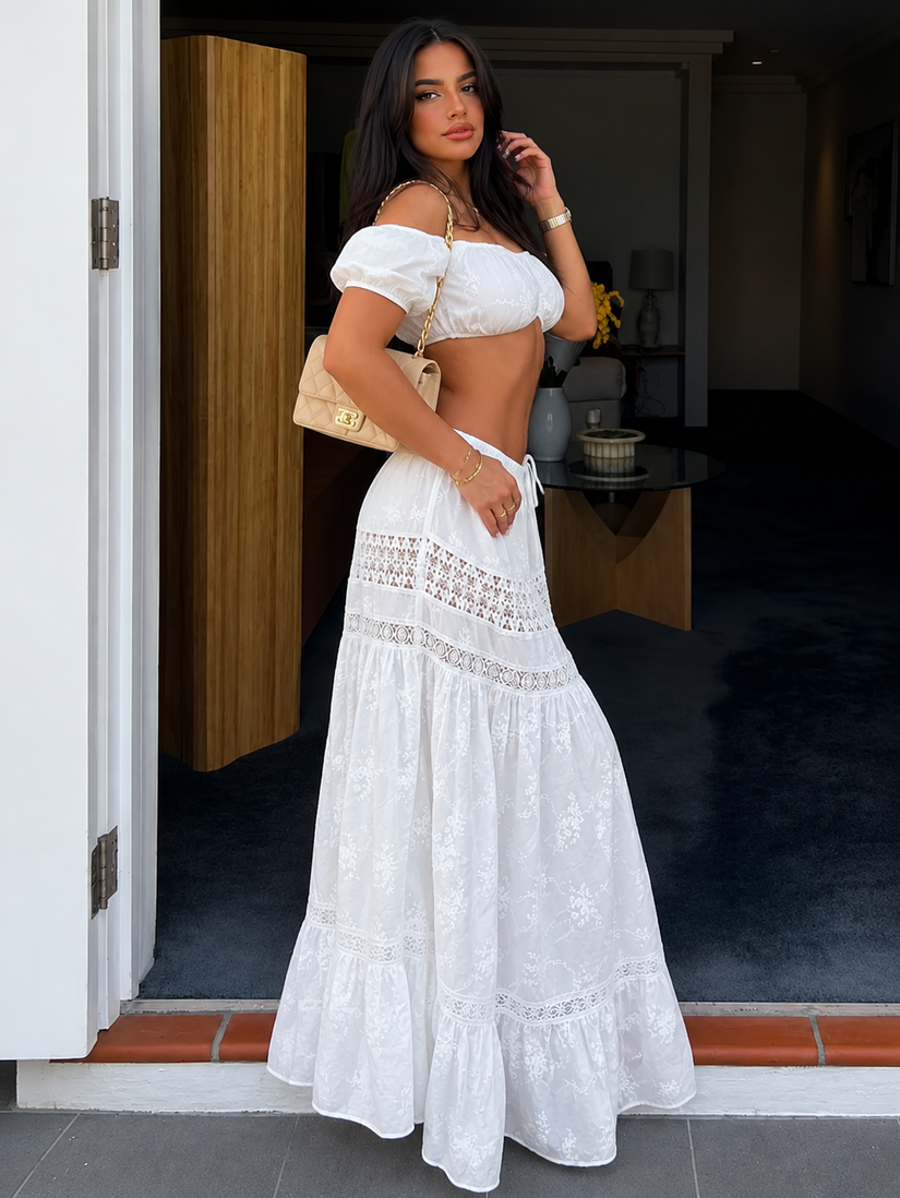 Ibiza Nights Embroidered Off Shoulder Crop & Maxi Skirt Set