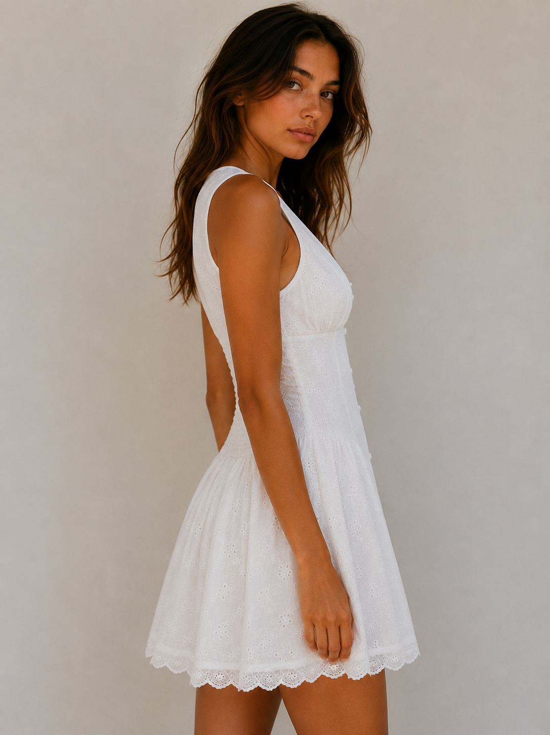 Eyelet Lace Button Front Mini Dress