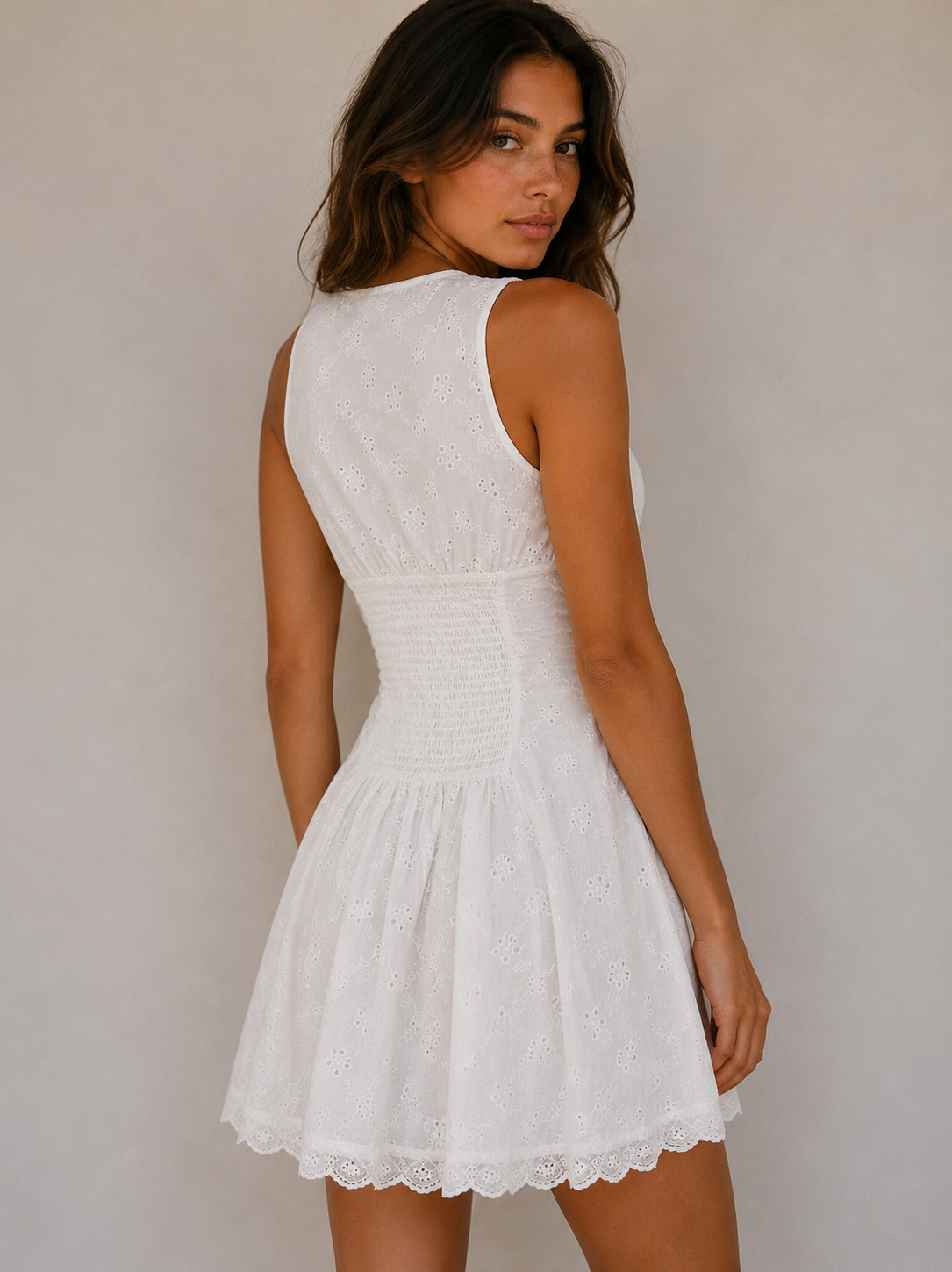 Eyelet Lace Button Front Mini Dress