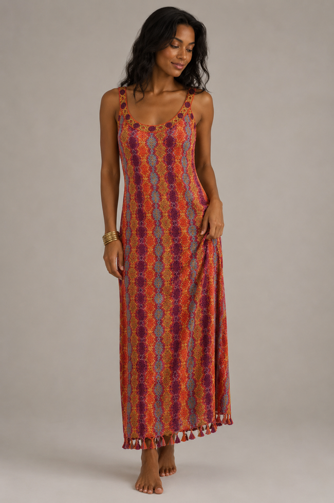Retro Print Knit Maxi Dress