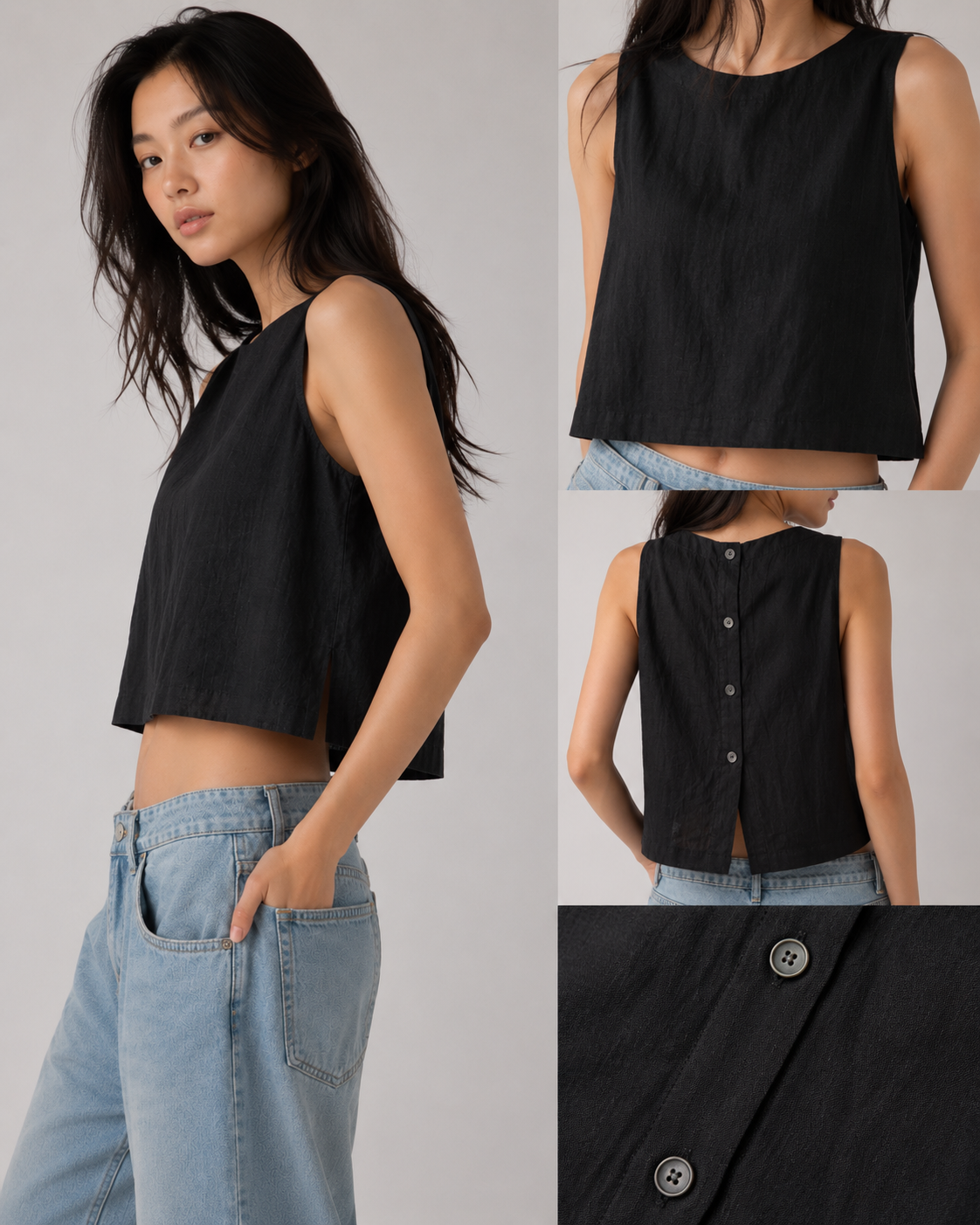 Linen Blend Button Back Crop Top