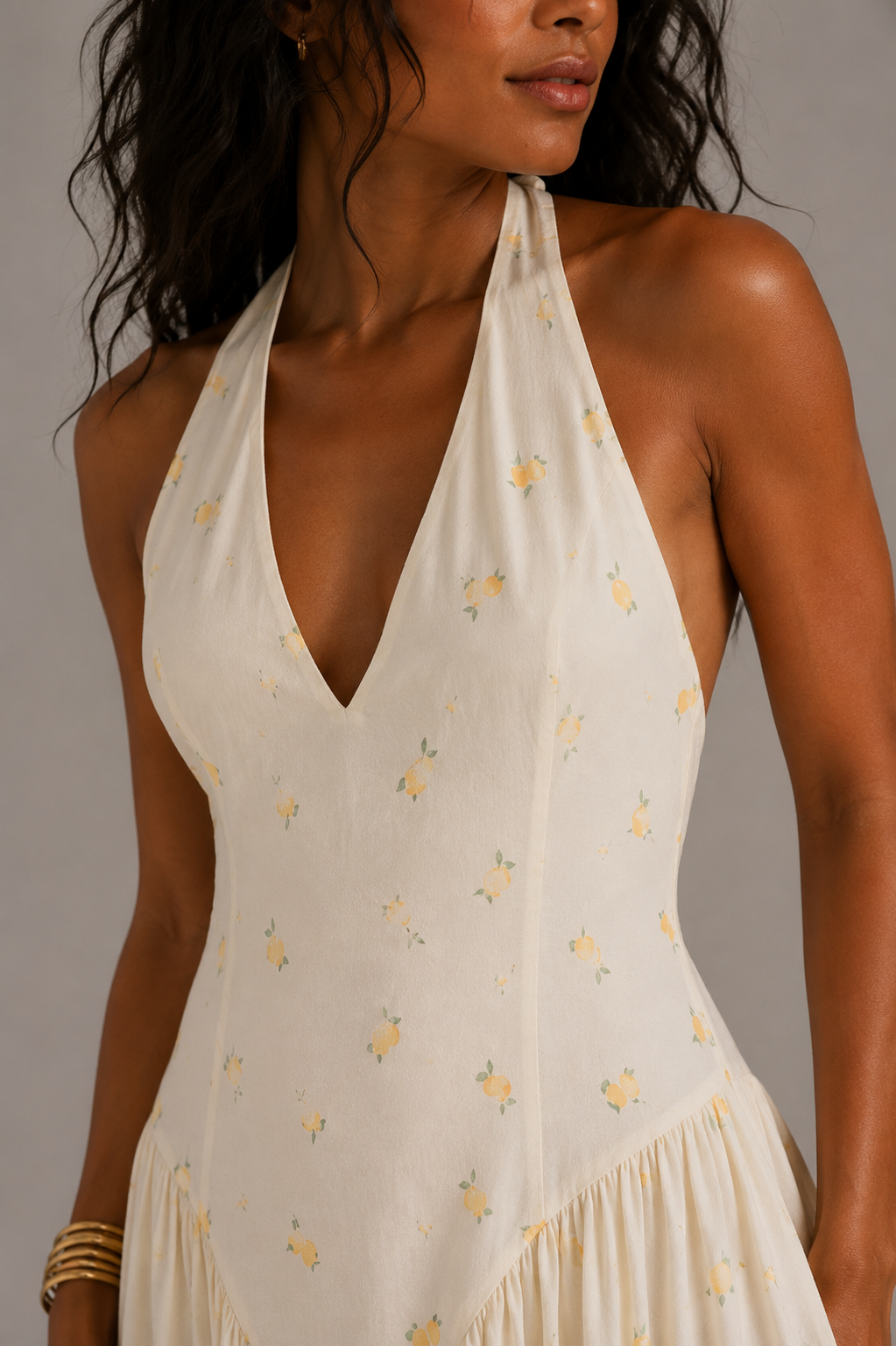 Lemon Print Halter Midi DressLemon Print Halter Midi Dress