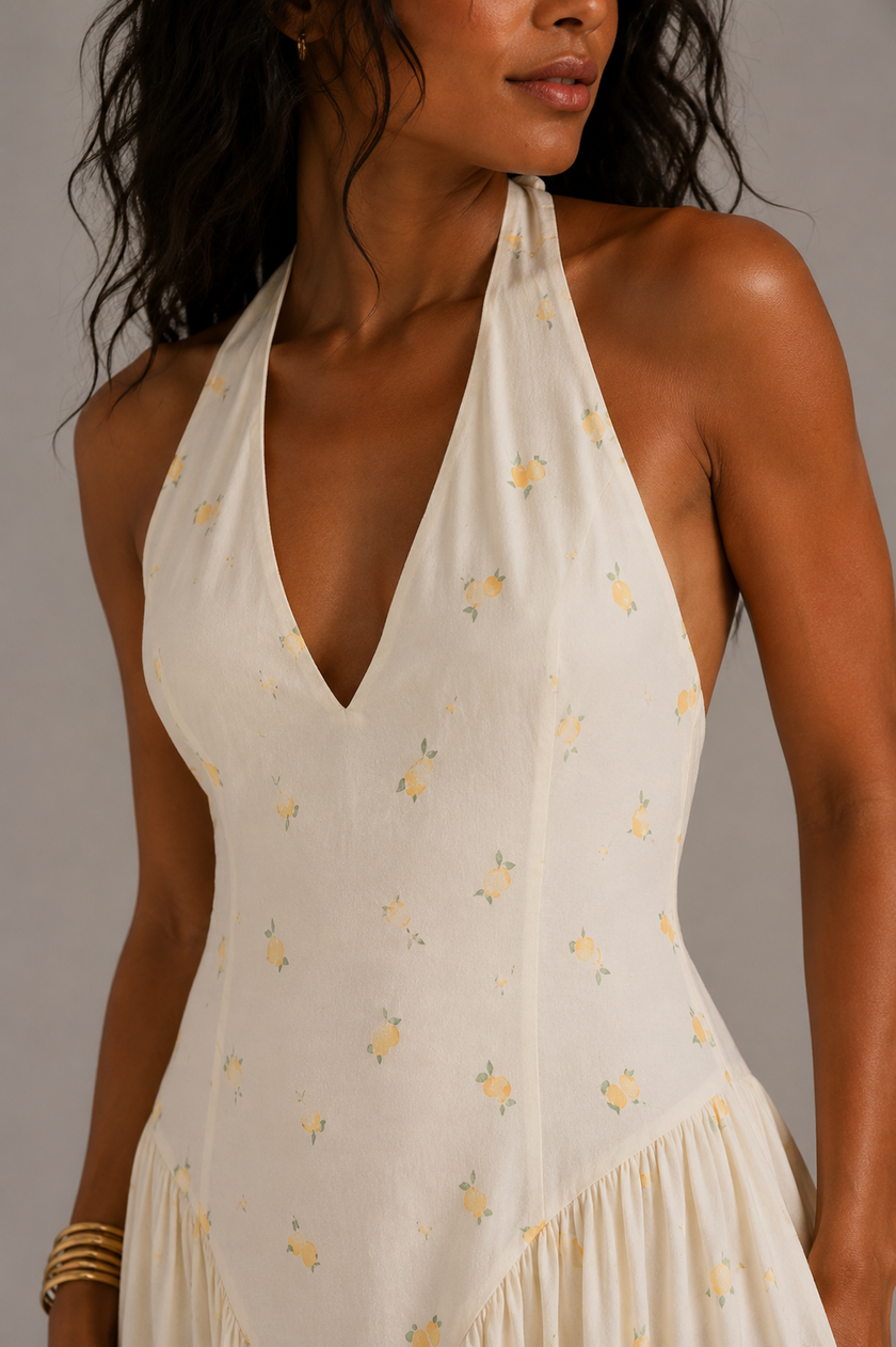 Lemon Print Halter Midi DressLemon Print Halter Midi Dress