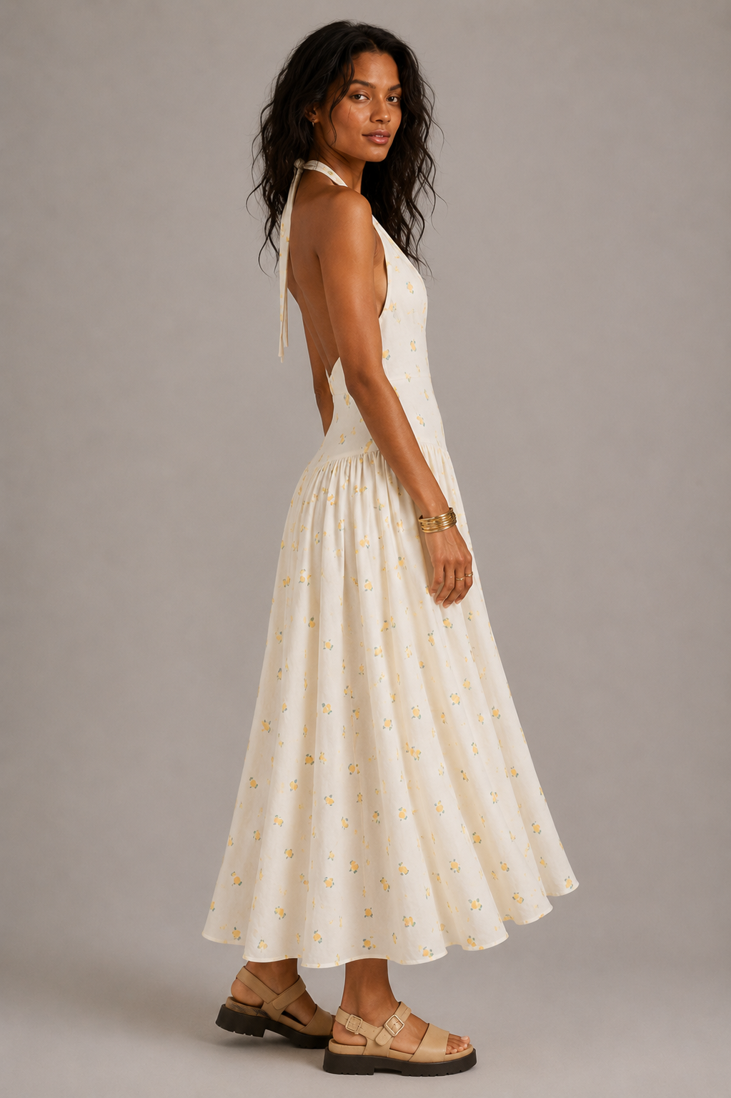 Lemon Print Halter Midi DressLemon Print Halter Midi Dress
