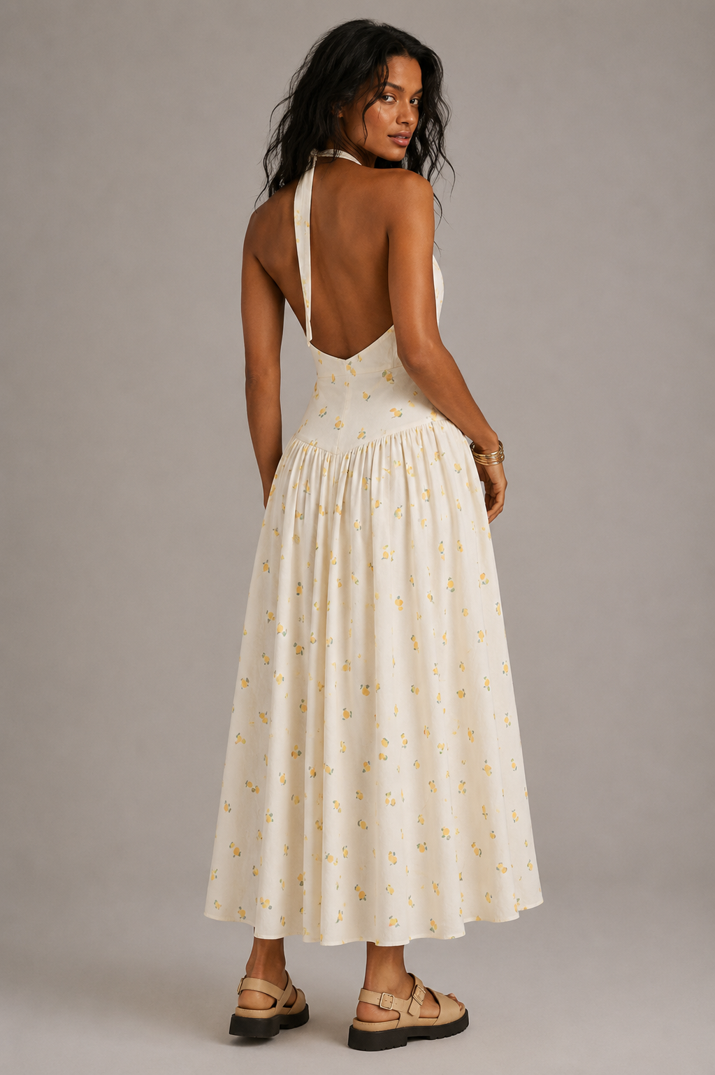 Lemon Print Halter Midi DressLemon Print Halter Midi Dress