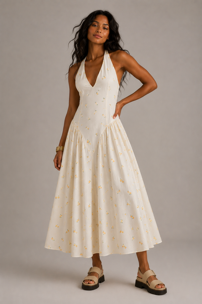 Lemon Print Halter Midi DressLemon Print Halter Midi Dress