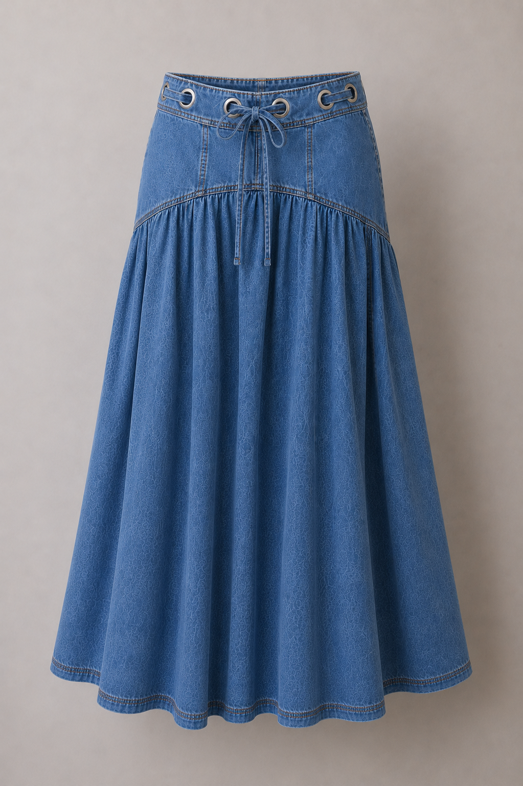 Lace Up Low Waist Denim Maxi Skirt