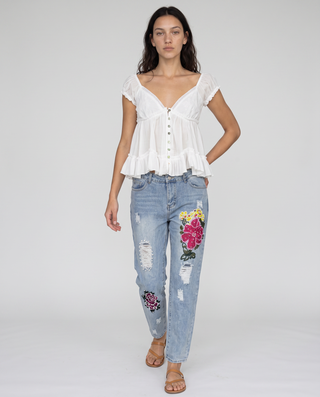 Romilly Low-Rise Embroidered Distressed Jeans