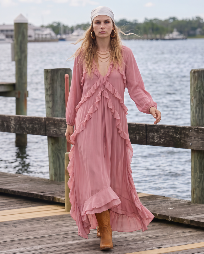 Loretta Ruffle-Trim Bishop Sleeve Maxi Dress