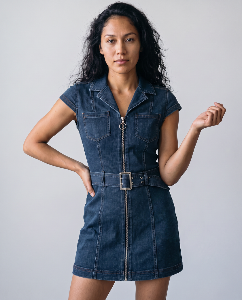 Ruby Denim Zip-Front Collared Mini Dress