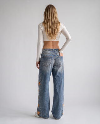 Marigold Floral Cutout Wide-Leg Jeans