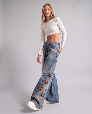 Marigold Floral Cutout Wide-Leg Jeans
