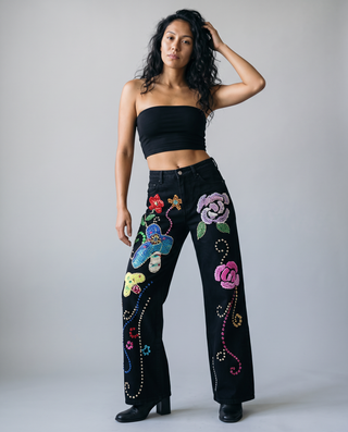 Whitney Wang Zara Embellished Wide-Leg Jeans