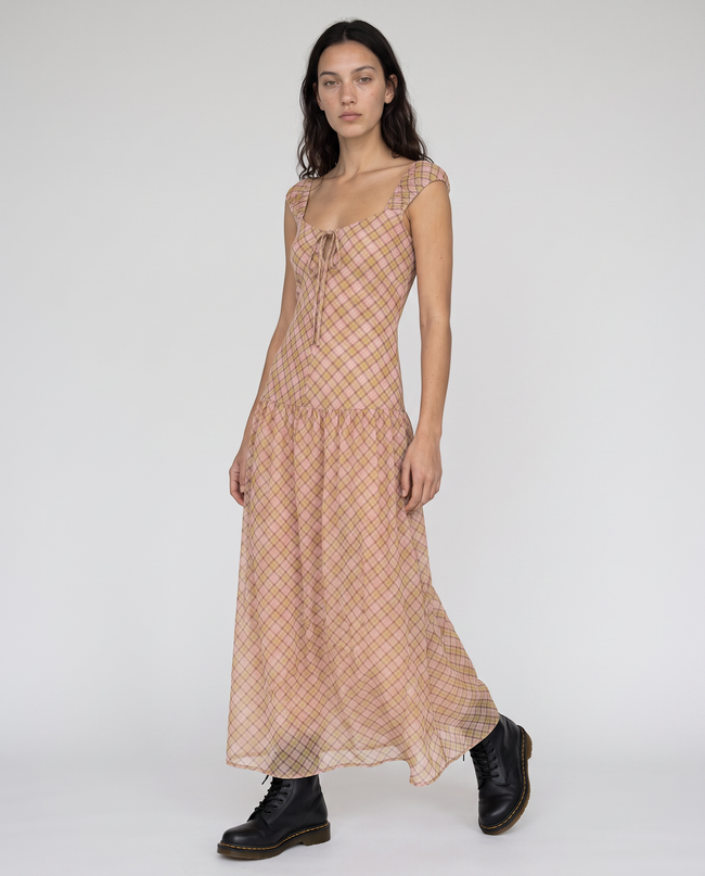 Tessa Plaid Cap-Sleeve Tiered Maxi Dress