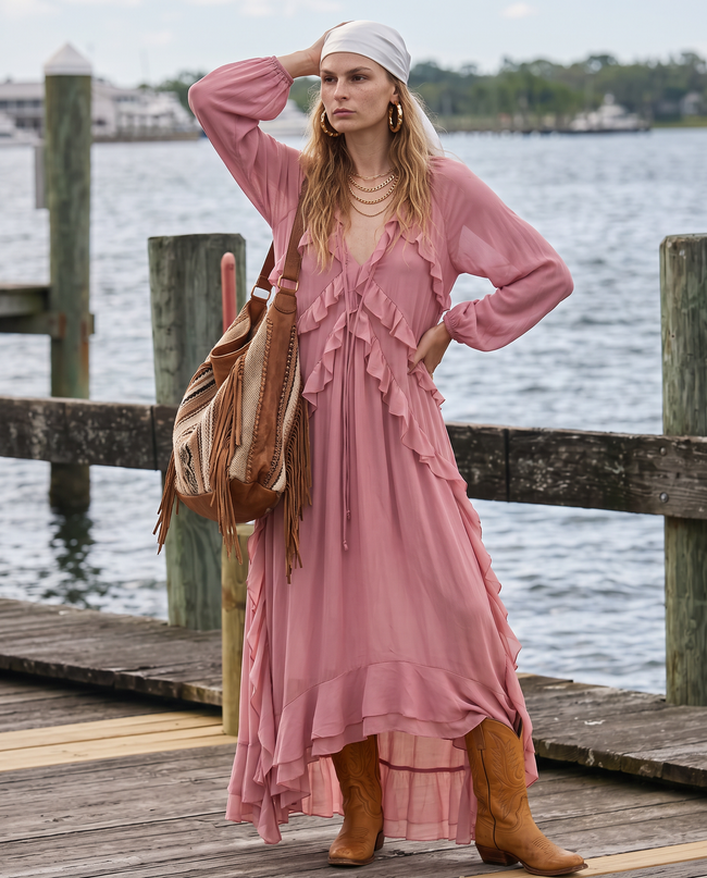 Loretta Ruffle-Trim Bishop Sleeve Maxi Dress
