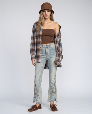 Junie Mid-Rise Raw-Hem Embroidered Jeans