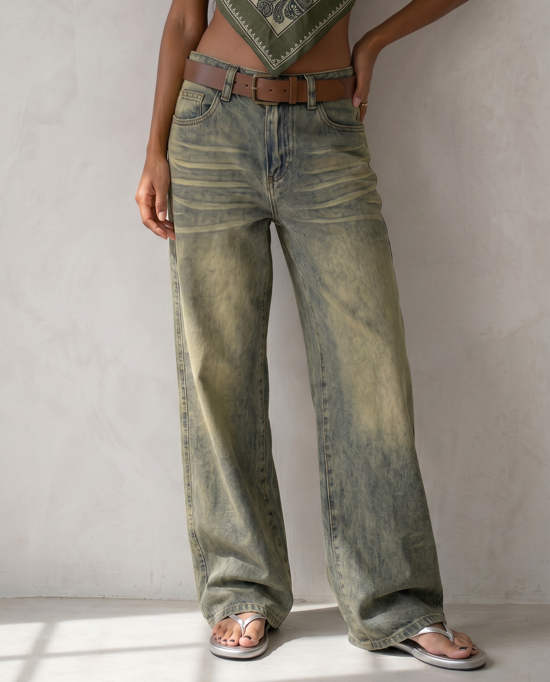 Sable Washed Olive Wide-Leg Jeans