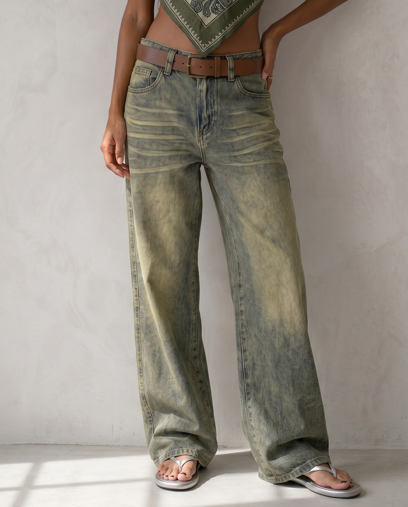 Sable Washed Olive Wide-Leg Jeans