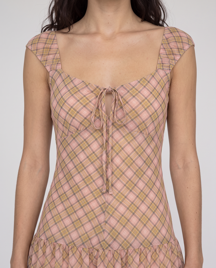 Tessa Plaid Cap-Sleeve Tiered Maxi Dress