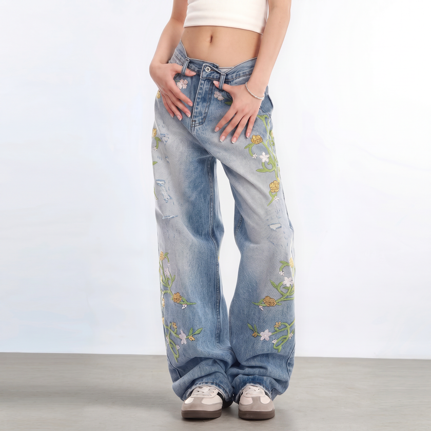 Briar Floral Embroidered Wide-Leg Jeans