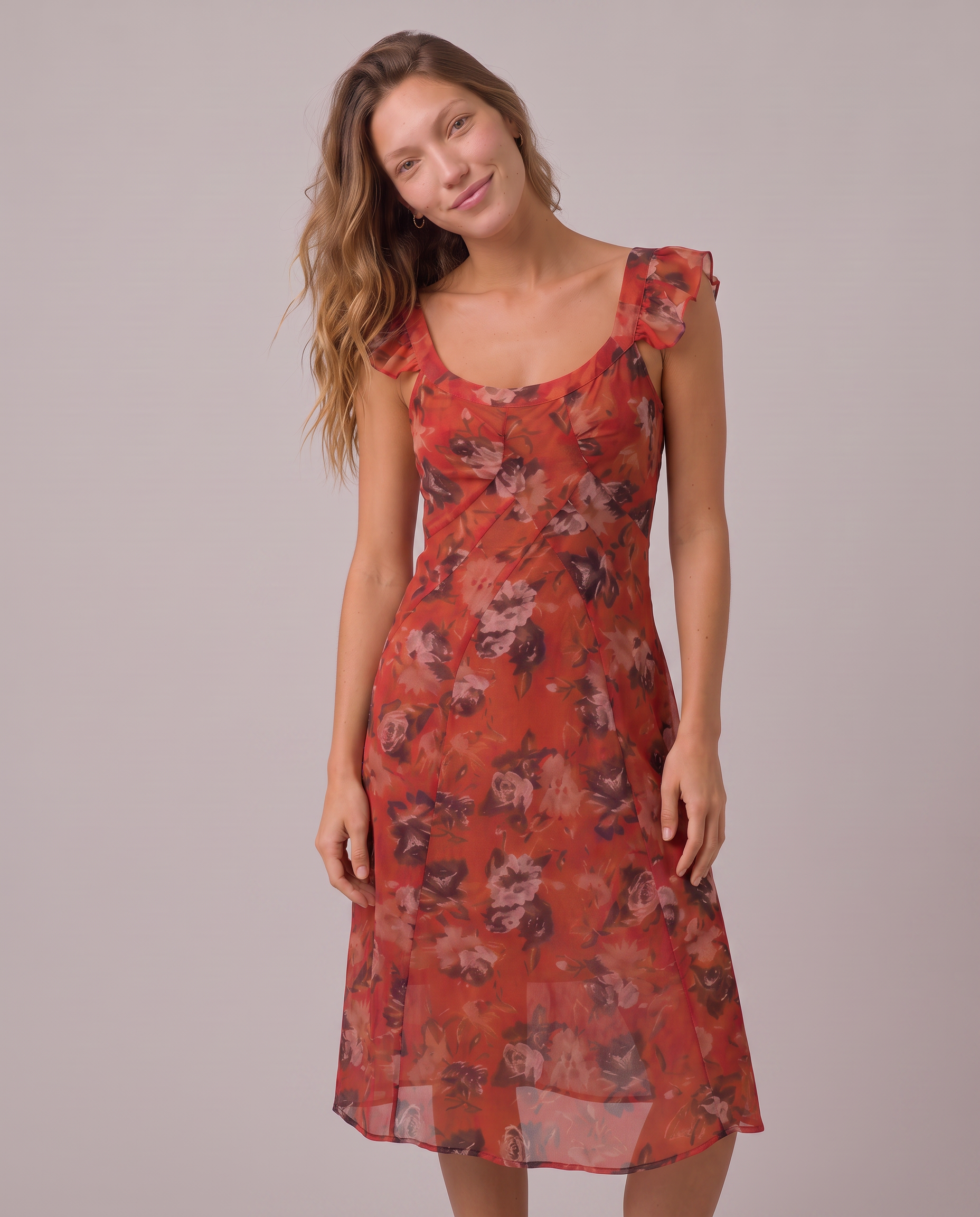 Odessa Ruffle-Sleeve Floral Midi Dress