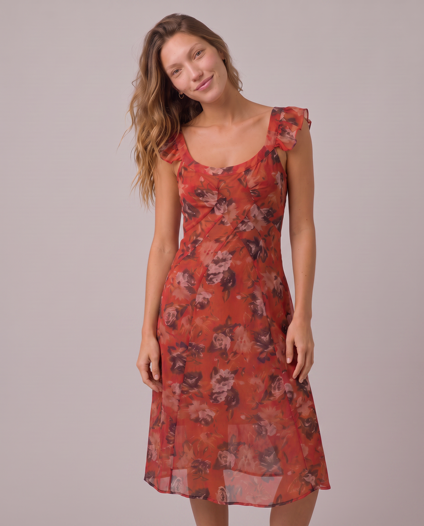 Odessa Ruffle-Sleeve Floral Midi Dress