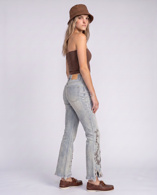 Junie Mid-Rise Raw-Hem Embroidered Jeans