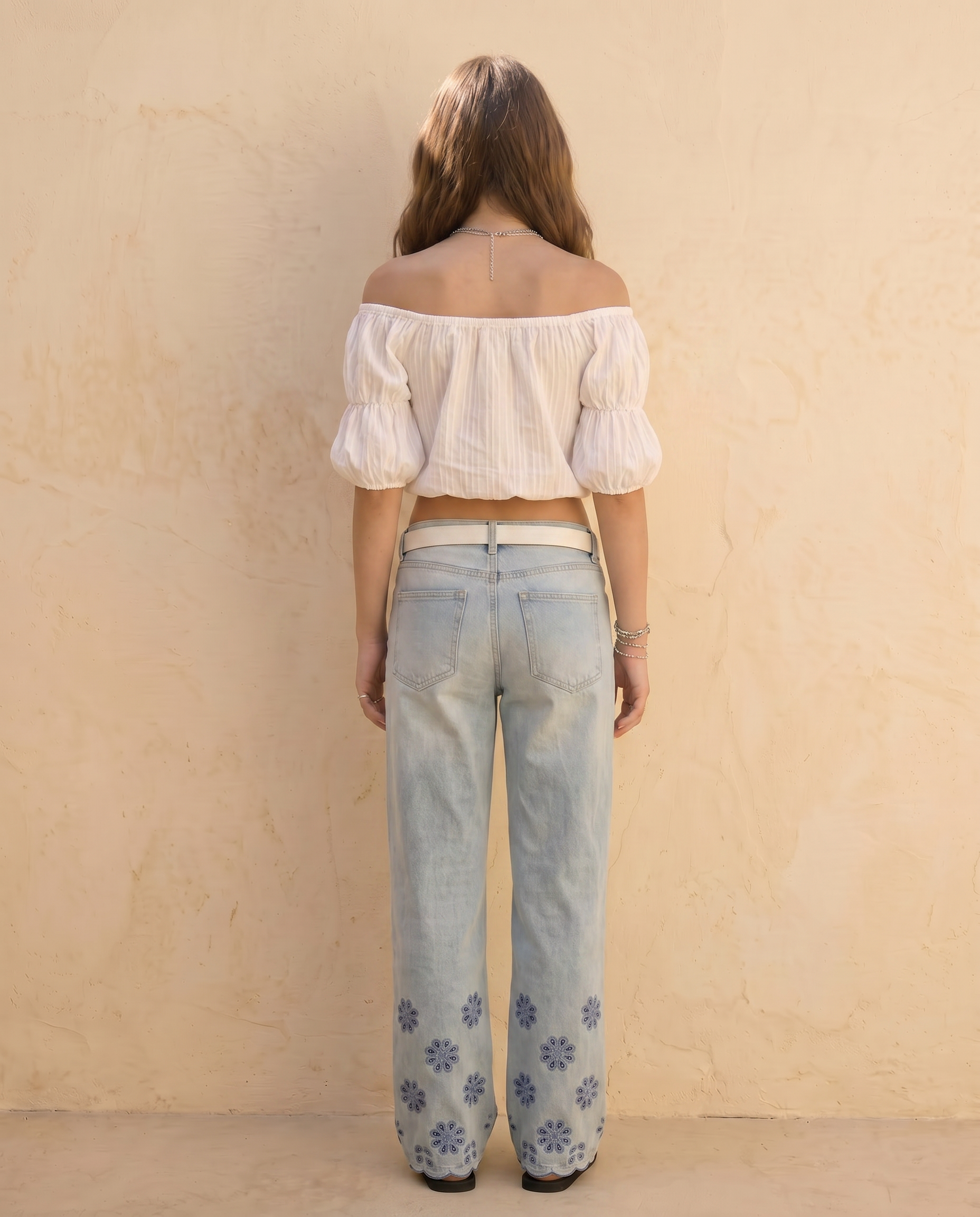 Marigold Floral Embroidered Wide-Leg Jeans