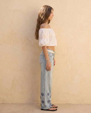 Marigold Floral Embroidered Wide-Leg Jeans