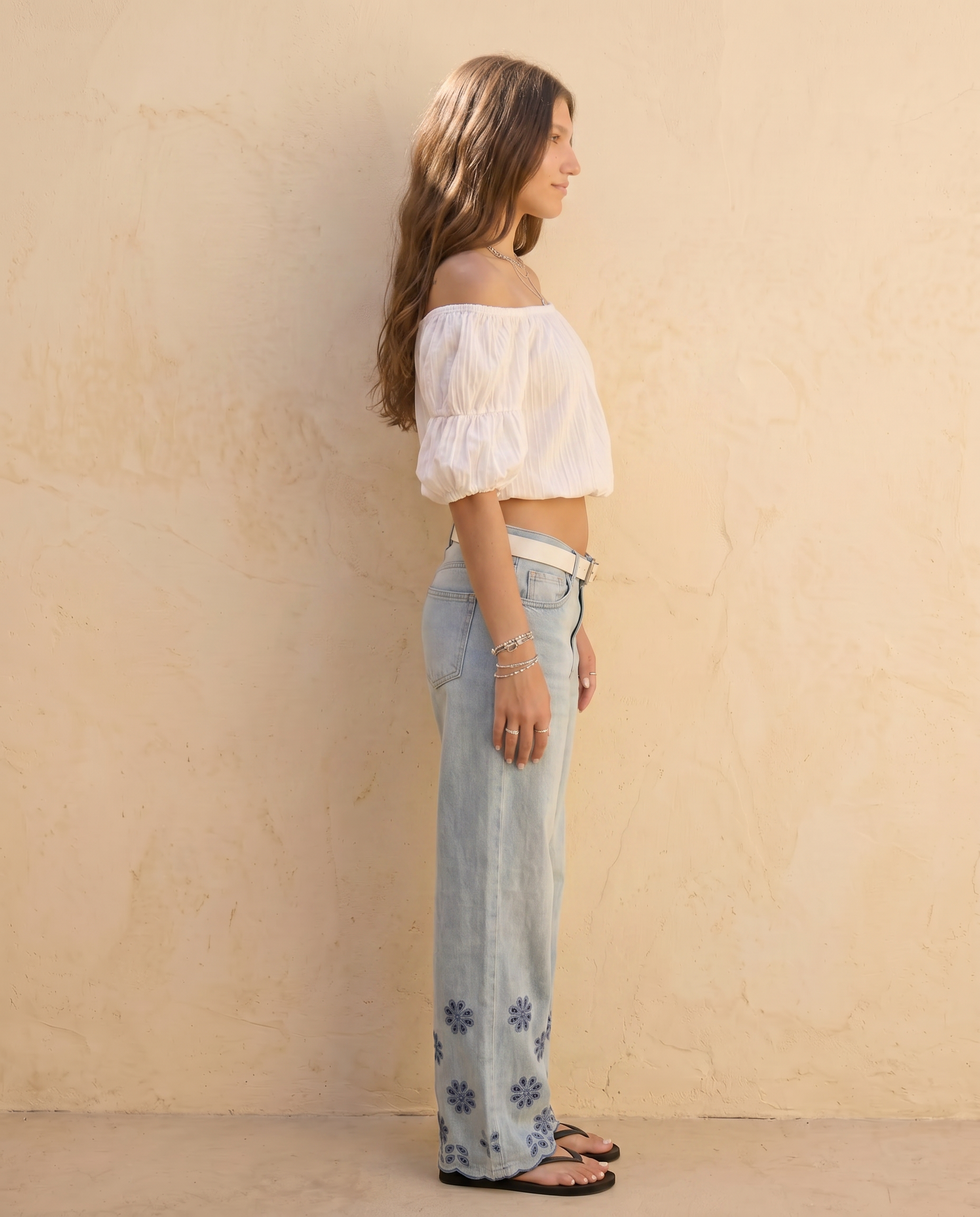 Marigold Floral Embroidered Wide-Leg Jeans