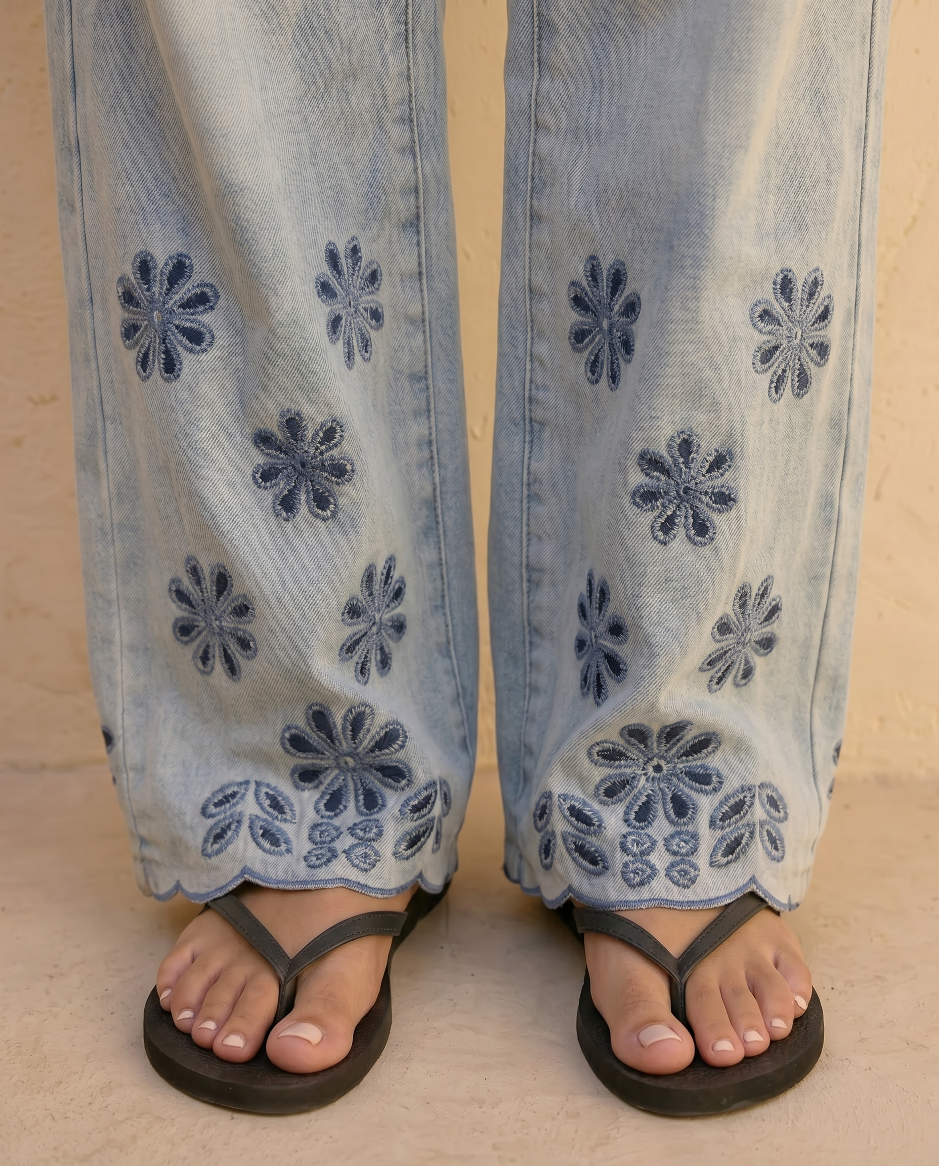 Marigold Floral Embroidered Wide-Leg Jeans