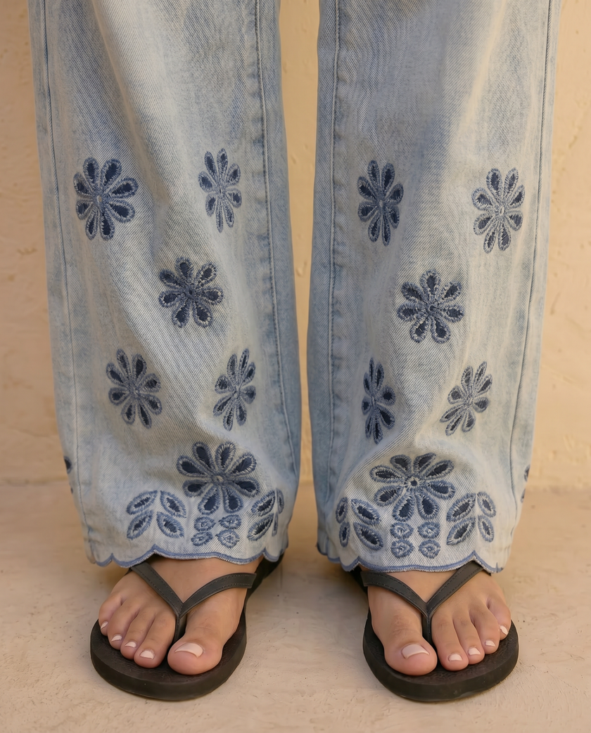 Marigold Floral Embroidered Wide-Leg Jeans